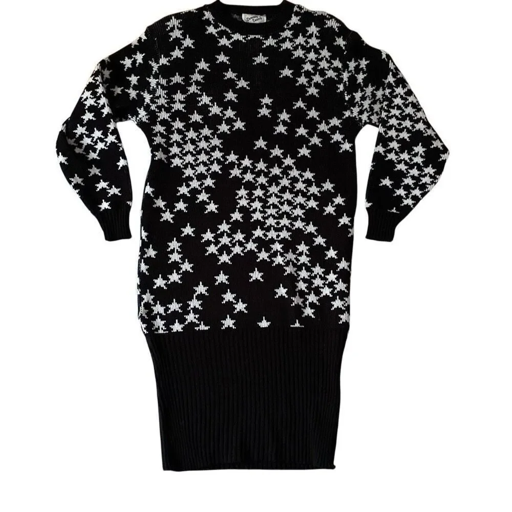 Vintage VTG 1980s Dressy Tessy New Wave Stars Pattern Sweater Dress S Granny